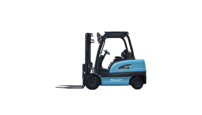 Electric Forklift Product View A blue and black counterbalance electric forklift is shown from the side against a white background, with its mast upright and forks lowered.