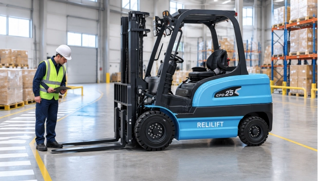 Electric Forklift Walkaround Safety Inspection A worker in a high-visibility vest and hard hat checks a blue electric forklift beside its mast in a warehouse, holding a clipboard.