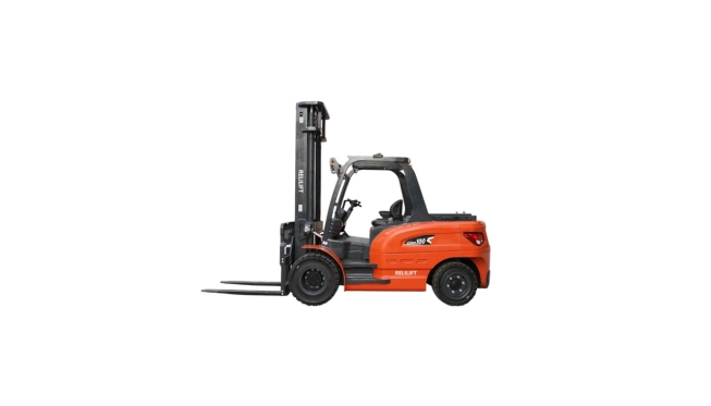 Electric Forklift with an Upright Mast An orange and black counterbalance electric forklift is shown against a white background, with its mast upright and forks lowered.