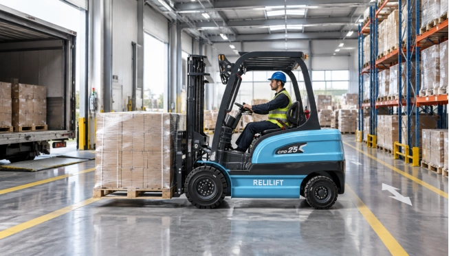Electric Forklift Moving a Palletized Load in a Warehouse A blue electric forklift carries a wrapped pallet through a warehouse while an operator drives toward a loading area.