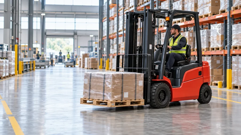 Electric Forklift Handling Pallets in a Warehouse An operator drives a red forklift carrying a pallet of shrink-wrapped boxes through a warehouse.