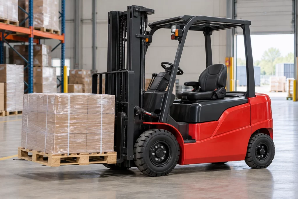 Forklift Moving Palletized Goods in a Distribution Center A red forklift transports a shrink-wrapped pallet of boxes inside a distribution warehouse.