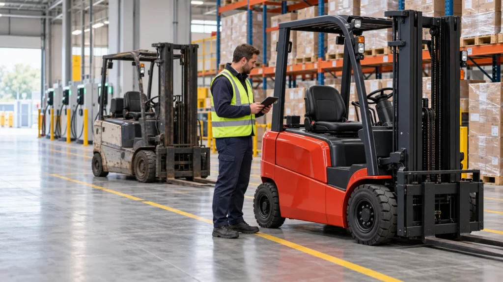 Evaluating Electric Forklift Replacement in a Warehouse A warehouse worker checks a tablet beside a red forklift, with a worn forklift and charging stations visible in the background.