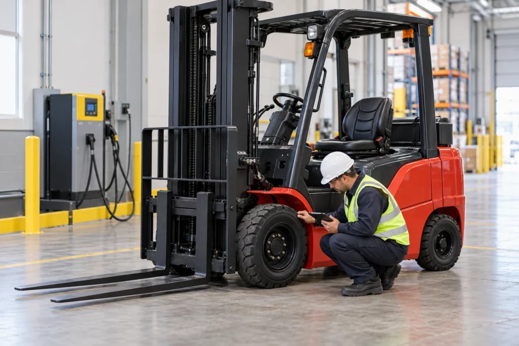 Technician Inspecting a Forklift Before Replacement A technician in a hard hat and safety vest crouches beside a red forklift to inspect its front wheel.